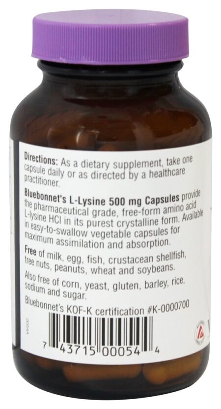 L Lisina Aminoácido de Forma Livre 500 mg. - Cápsulas vegetarianas 100 Bluebonnet Nutrition - Image 3