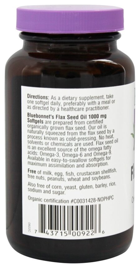 Óleo de semente de linho orgânico certificado 1000 mg. - 100 Softgels Bluebonnet Nutrition - Image 3