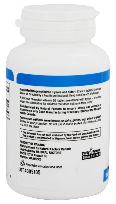 Vitamina D3 para Crianças 400 UI - 100 comprimidos mastigáveis Natural Factors - Image 3