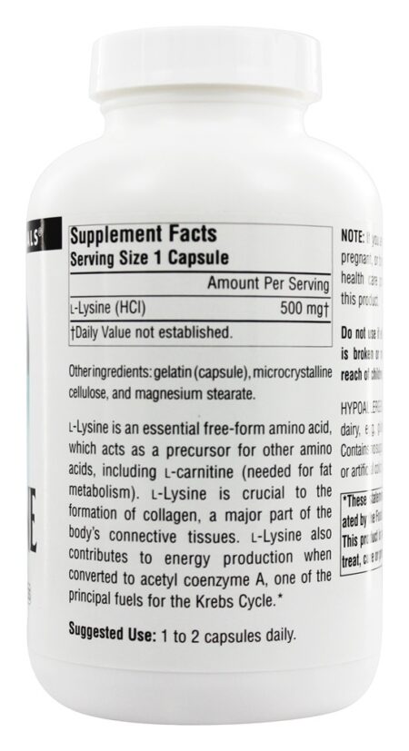 L-Lisina Forma Livre 500 mg. - Cápsulas 200 Source Naturals - Image 2