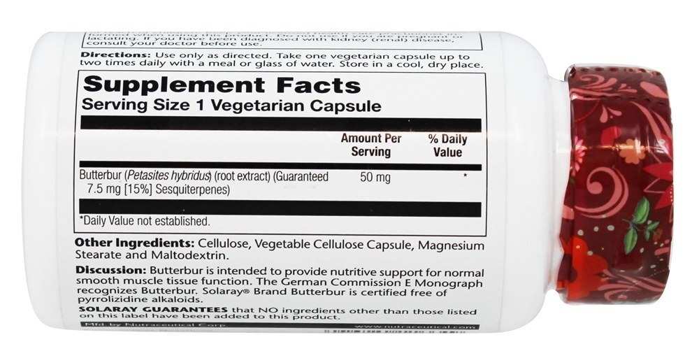 Potência Garantida Extrato de Butterbur 50 mg. - Cápsulas vegetarianas 60 Solaray - Imagem 2