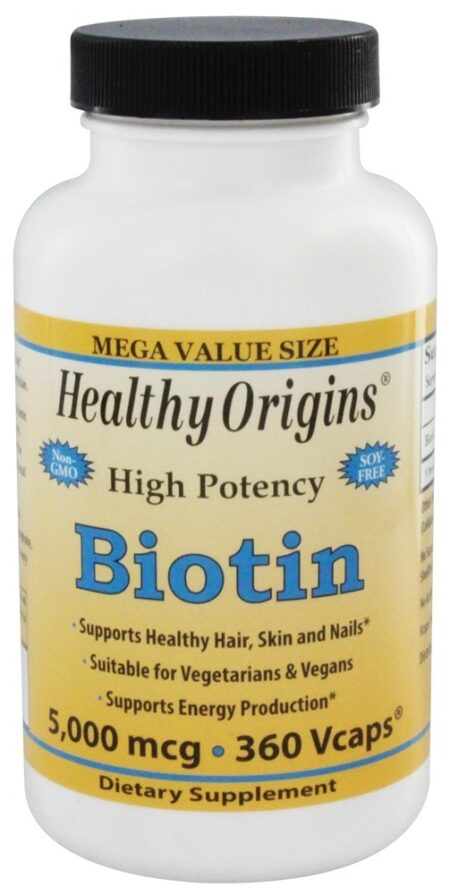 Biotina de alta potência 5000 mcg. - Cápsulas vegetarianas 360 Healthy Origins