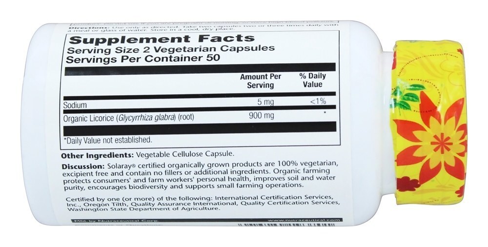 Alcaçuz cultivado organicamente - Cápsulas vegetarianas 100 Solaray - Imagem 3