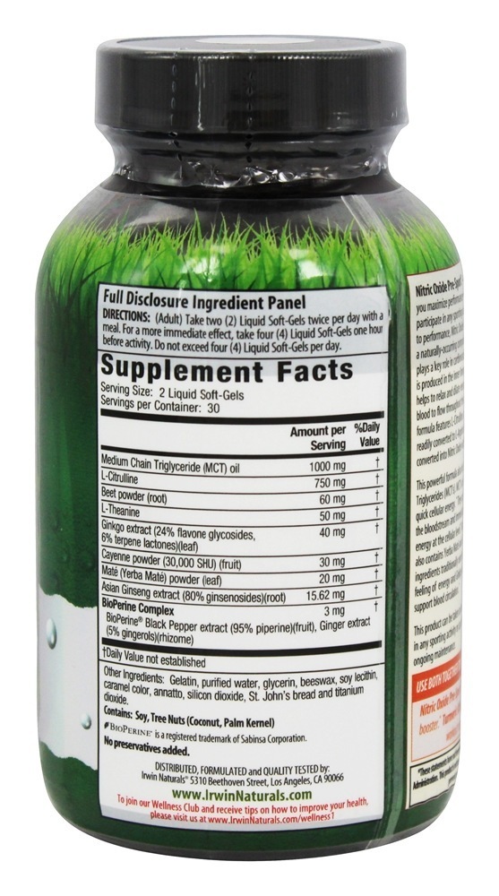 Óxido Nítrico Pré-Esporte - 60 Softgels Irwin Naturals - Imagem 2