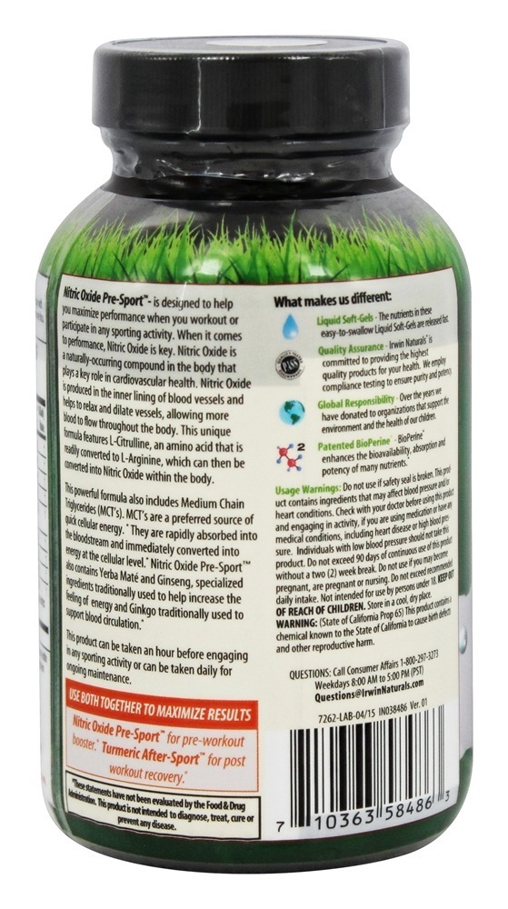 Óxido Nítrico Pré-Esporte - 60 Softgels Irwin Naturals - Imagem 3