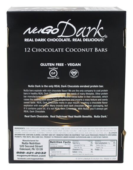 Barra de chocolate escuro coco de chocolate - 12 Barras NuGo Nutrition - Image 2