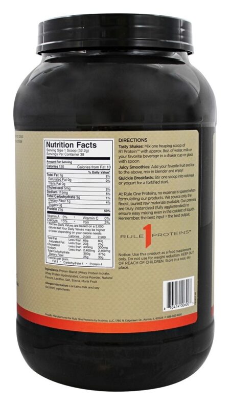 R1 Proteína Naturalmente aromatizada 100 % Whey Isolate / Hydrolyzate Formula 38 Dose de Chocolate Fudge - 2.69 lbs. Rule One Proteins - Image 2