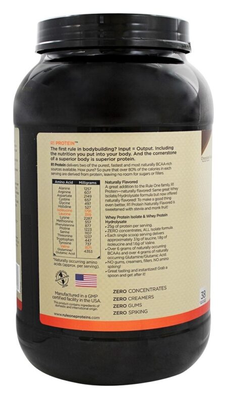 R1 Proteína Naturalmente aromatizada 100 % Whey Isolate / Hydrolyzate Formula 38 Dose de Chocolate Fudge - 2.69 lbs. Rule One Proteins - Image 3