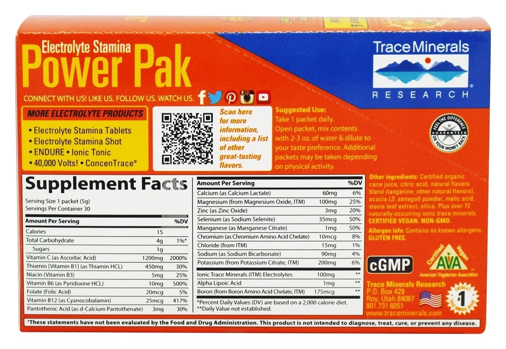 Eletrólito Vigor Poder Pak Tangerina - 30 Pacotes (s) Trace Minerals Research - Imagem 3