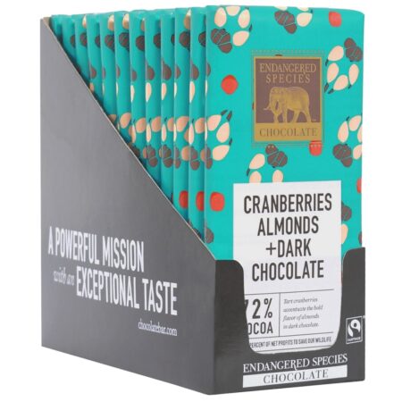 Caixa de Barras de Chocolate Preto 72 % Cranberries e Amêndoas de Cacau - 12 Barras Endangered Species