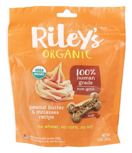 O cão de ossos grandes orgânico trata a manteiga de amendoim e a receita de melaço - 5 oz. Riley's Organics