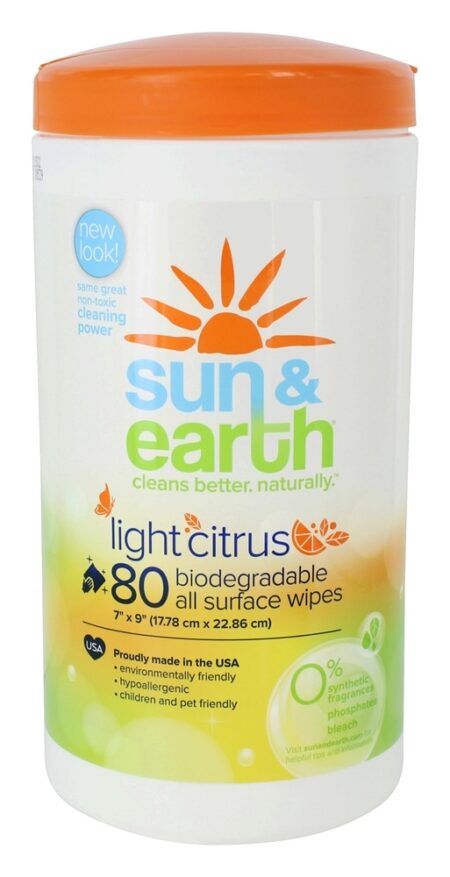 Biodegradável Todos os Toalhetes de Superfície Citrus Light - 80 Limpe (s) Sun & Earth