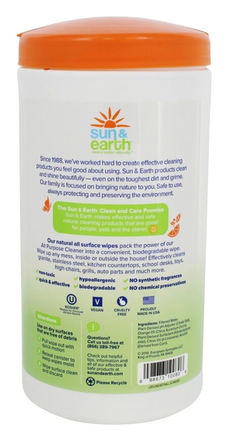 Biodegradável Todos os Toalhetes de Superfície Citrus Light - 80 Limpe (s) Sun & Earth - Image 2