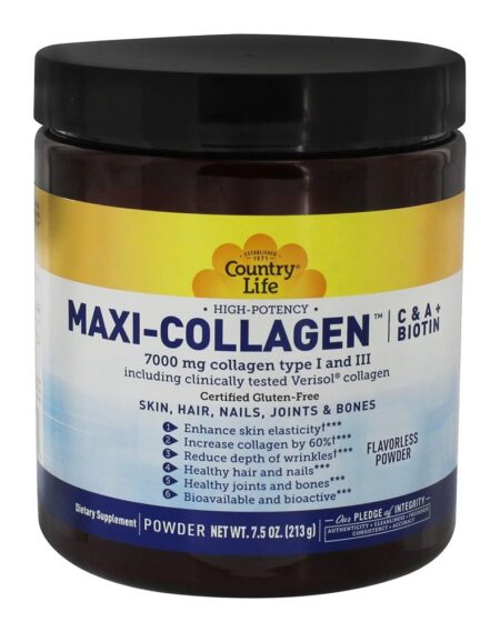 Alta Potência de Maxi-Colagénio com Vitaminas C e A + Biotina Flavorless - 7.5 oz. Country Life