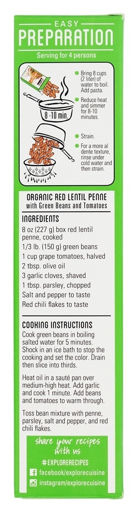 Lentilha vermelha orgânica Penne - 8 oz. Explore Cuisine - Imagem 3