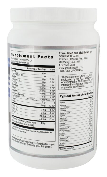 Proteínas de Iogurte Grego Fermentado + Pó de Suporte Digestivo Baunilha Natural - 19.4 oz. Genuine Health - Image 2