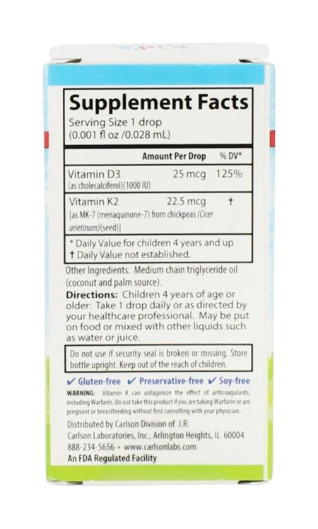 Miúdo Saudável Crescimento Super Diário D3 + K2 Líquido - 0.34 fl. oz. Carlson Labs - Image 2