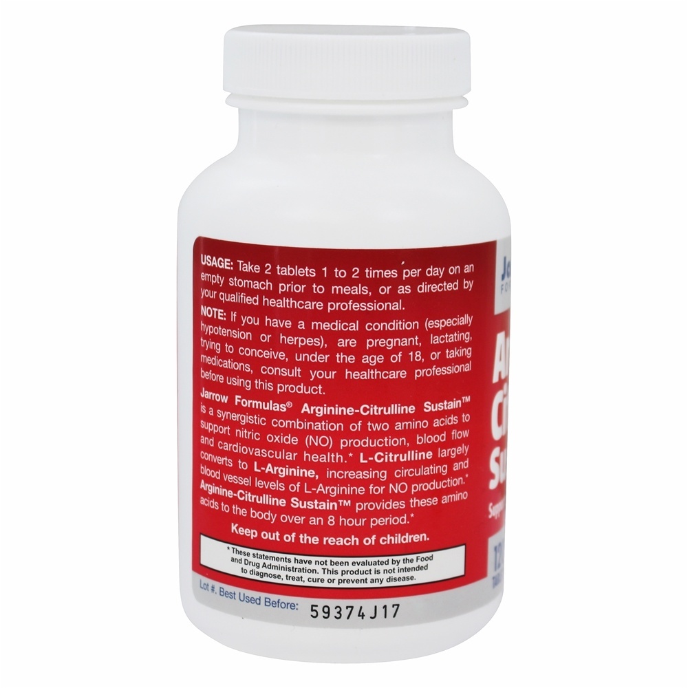Arginina-Citrulina Sustain Suporte à produção de óxido nítrico - 120 Tablets Jarrow Formulas - Imagem 3