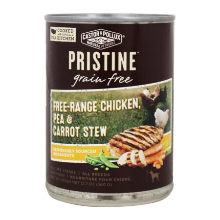 Primitivo Grão Livre Enlatados Cão Comida Livre Alcance Frango, Ervilha & Cenoura Ensopado - 12.7 oz. Castor & Pollux