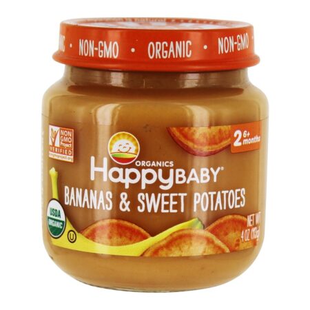 Estágio de Bebês Felizes e Orgânicos para Crianças 2 Comida para Bebês 6 + Meses de Bananas e Batatas Doces - 4 oz. Happy Family