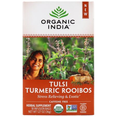 Tulsi Infusion Stress Reliefing & Exótico Açafrão Rooibos - 18 Saquinhos de Chá Organic India