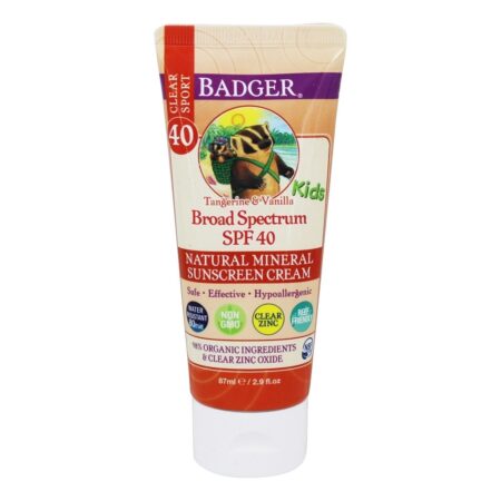 Natural Mineral Limpar Zinco Crianças Esporte Sunscreen Creme Largo Spectrum Tangerina e Baunilha 40 SPF - 2.9 fl. oz. Badger