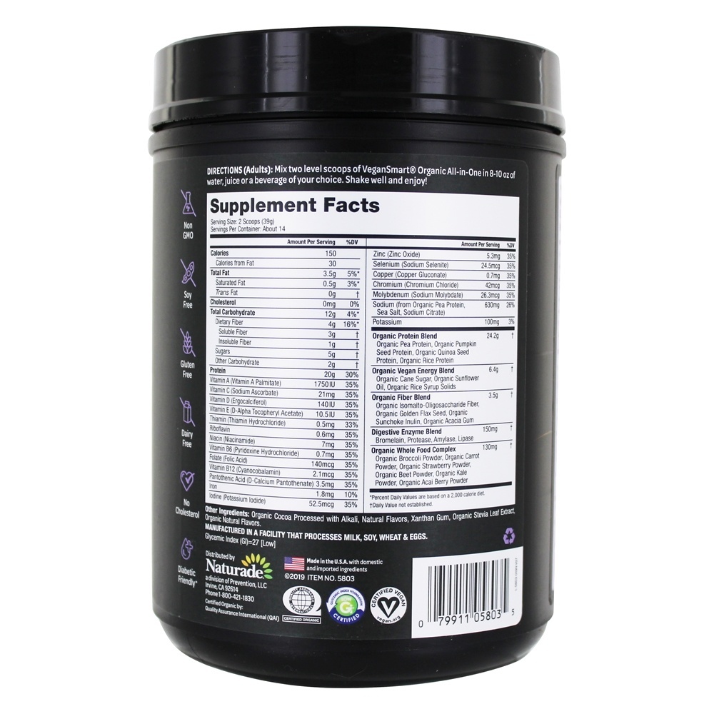 VeganSmart Organic All-In-One Nutritional Shake Pó 14 Fudge de Chocolate - 19.25 oz. Naturade - Imagem 2