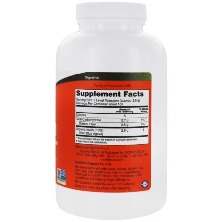 Prebiótico certificado em inulina orgânica Pure Suporte intestinal em pó - 1 lb. NOW Foods - Image 2