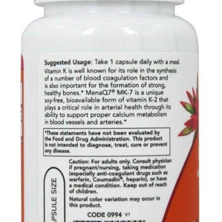 Osso de força extra da vitamina K2 do MK-7 Health Support 300 mcg. - 60 Cápsula (s) vegetal (s) NOW Foods - Imagem 3
