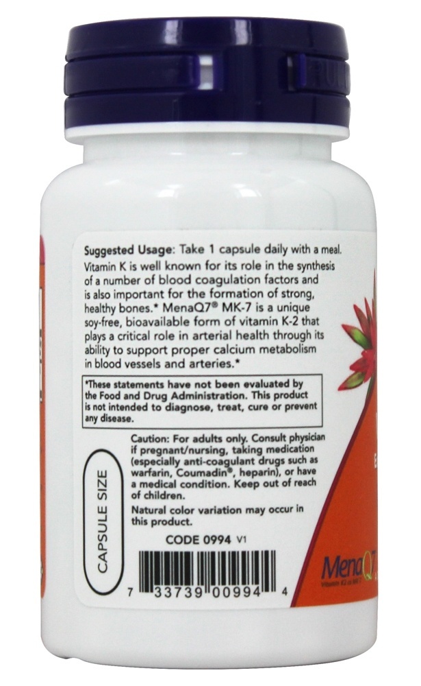 Osso de força extra da vitamina K2 do MK-7 Health Support 300 mcg. - 60 Cápsula (s) vegetal (s) NOW Foods - Imagem 3