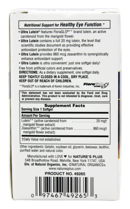 Ultra Lutein 20 mg. - 60 Softgels Natures Plus - Image 2