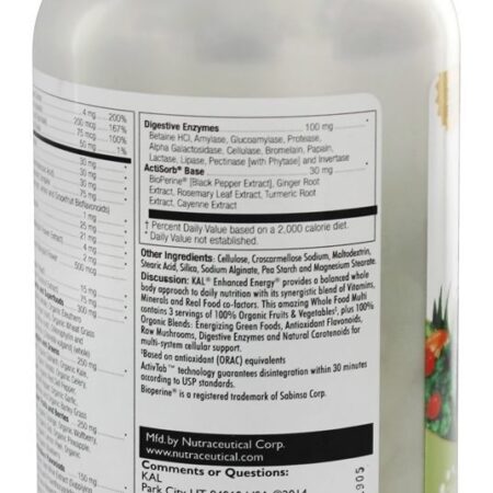 Energia Aprimorada Multivitamina de Alimentos Integrais Sem Ferro - 180 Comprimidos vegetarianos Kal - Imagem 4
