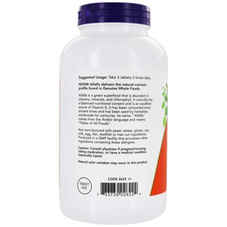 Superalimento Verde de Alfafa 650 mg . - 500 Tablets NOW Foods - Image 3