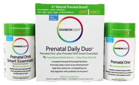 Pré-natal Um Multivitamina 30 Comprimidos & DHA 250 Inteligente Fundamentos 30 Cápsula Gelatinosa - Pacote 2 Pacote Completo de Cuidados Pré-natais Rainbow Light