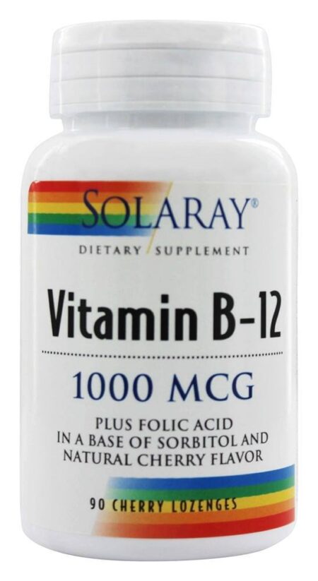 Vitamina B12 Com Ácido Fólico Sabor Natural de Cereja 1000 mcg. - 90 Pastilhas Solaray