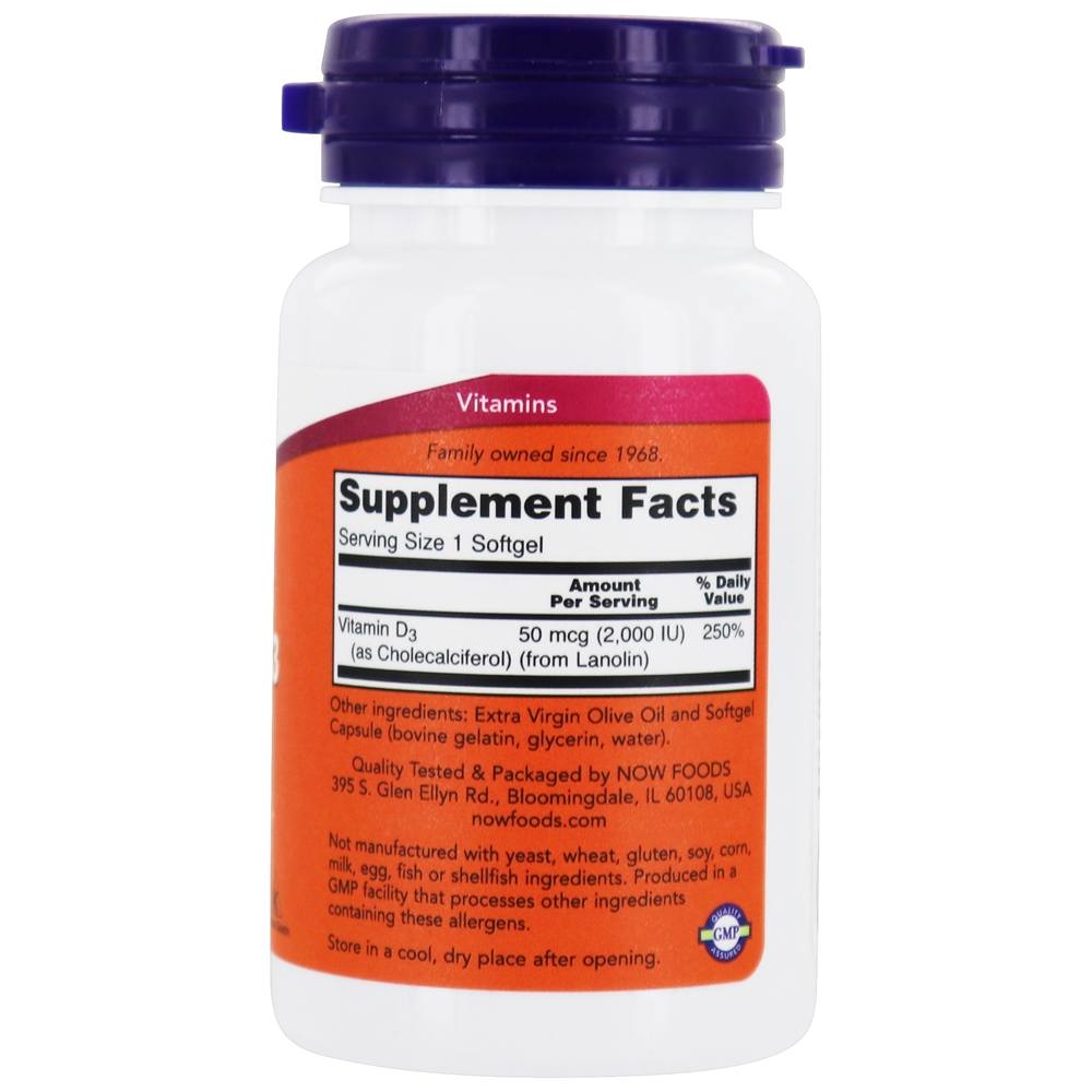 Vitamina D-3 2000 UI - 120 Softgels NOW Foods - Imagem 2