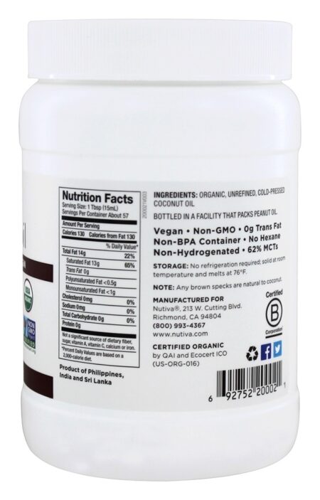 Virgem Orgânica de Óleo de Coco - 29 fl. oz. Nutiva - Image 2