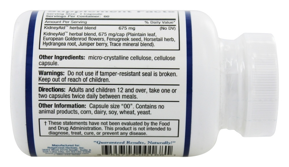 Limpeza Natural e Suporte KidneyAid - 60 Tampas veganas Ridgecrest Herbals - Imagem 3