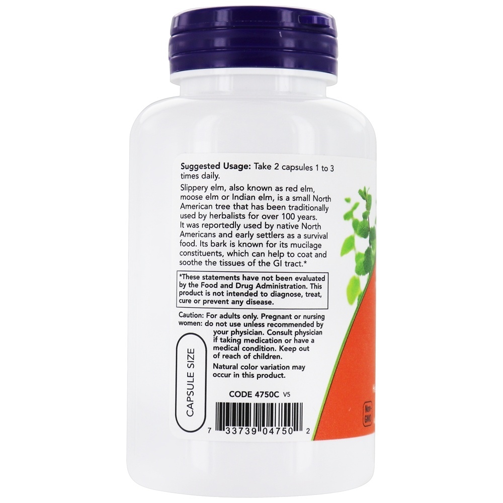 Slippery Elm 400 mg. - 100 Cápsula (s) vegetal (s) NOW Foods - Imagem 3