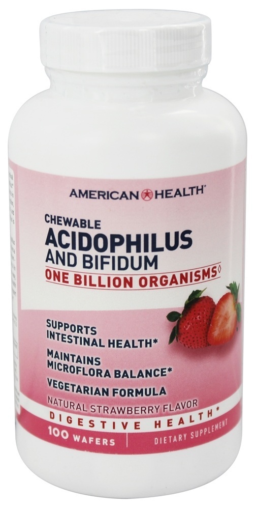 Acidophilus mastigável com sabor de morango natural Bifidus 1 bilhão de UFC - 100 Bolachas American Health