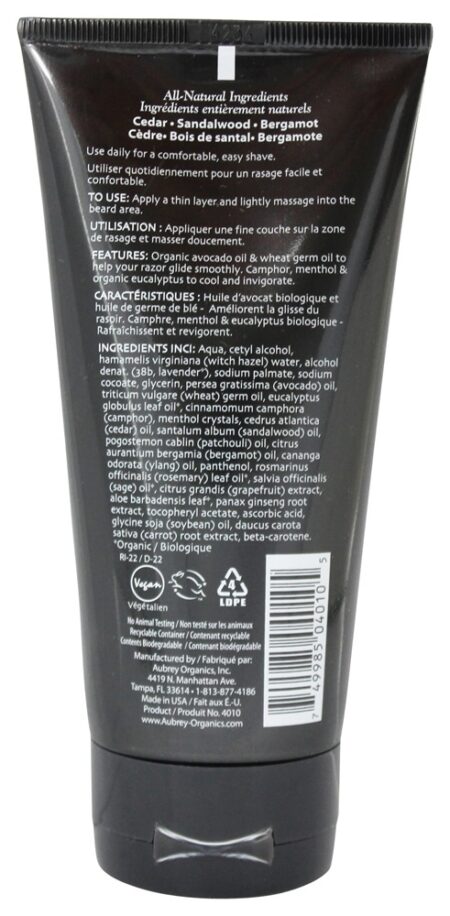 Homens Estoque Cidade Ritmos Barbear Creme Cedro, Sândalo e Bergamota - 6 fl. oz. Aubrey Organics - Image 2