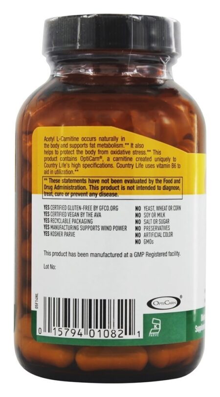 Acetil L-Carnitina Tampas Amino ácidos 500 mg. - Cápsulas vegetarianas 120 Country Life - Image 3