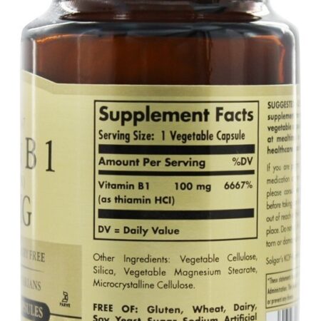Vitamina B1 (tiamina) 100 mg. - Cápsulas vegetarianas 100 Solgar - Imagem 2