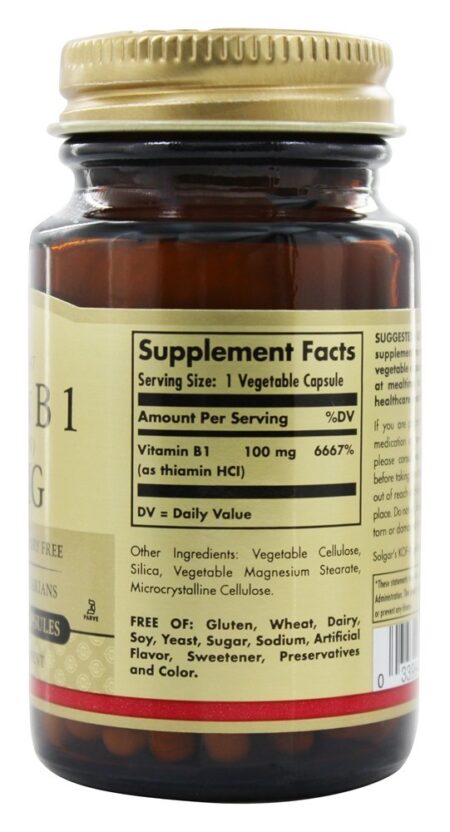 Vitamina B1 (tiamina) 100 mg. - Cápsulas vegetarianas 100 Solgar - Image 2