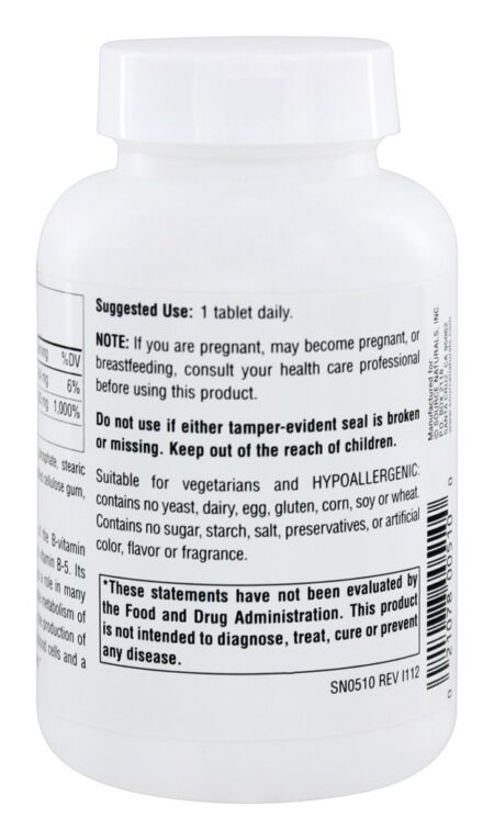 Ácido Pantotênico Vitamina B5 100 mg. - 250 Tablets Source Naturals - Image 3