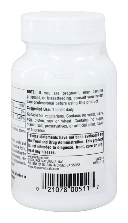 Ácido Pantotênico Vitamina B5 250 mg. - 100 Tablets Source Naturals - Image 3