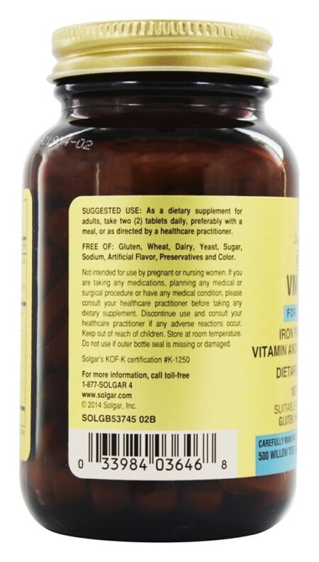 Fórmula VM-Prime Para Adultos Com +50 Anos Vitaminas & Minerais Sem Ferro - 100 Tablets Solgar - Image 4