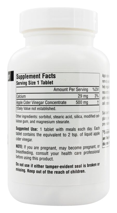 Vinagre de maçã 35 % ácido acético 500 mg. - 180 Tablets Source Naturals - Image 2