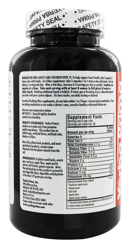 Tampas de fibras solúveis 625 mg. - Cápsulas 180 Yerba Prima - Imagem 2