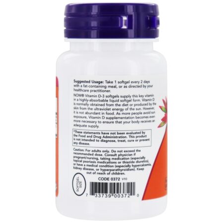 Vitamina D3 Potência Máxima 5000 UI - 120 Softgels NOW Foods - Image 3